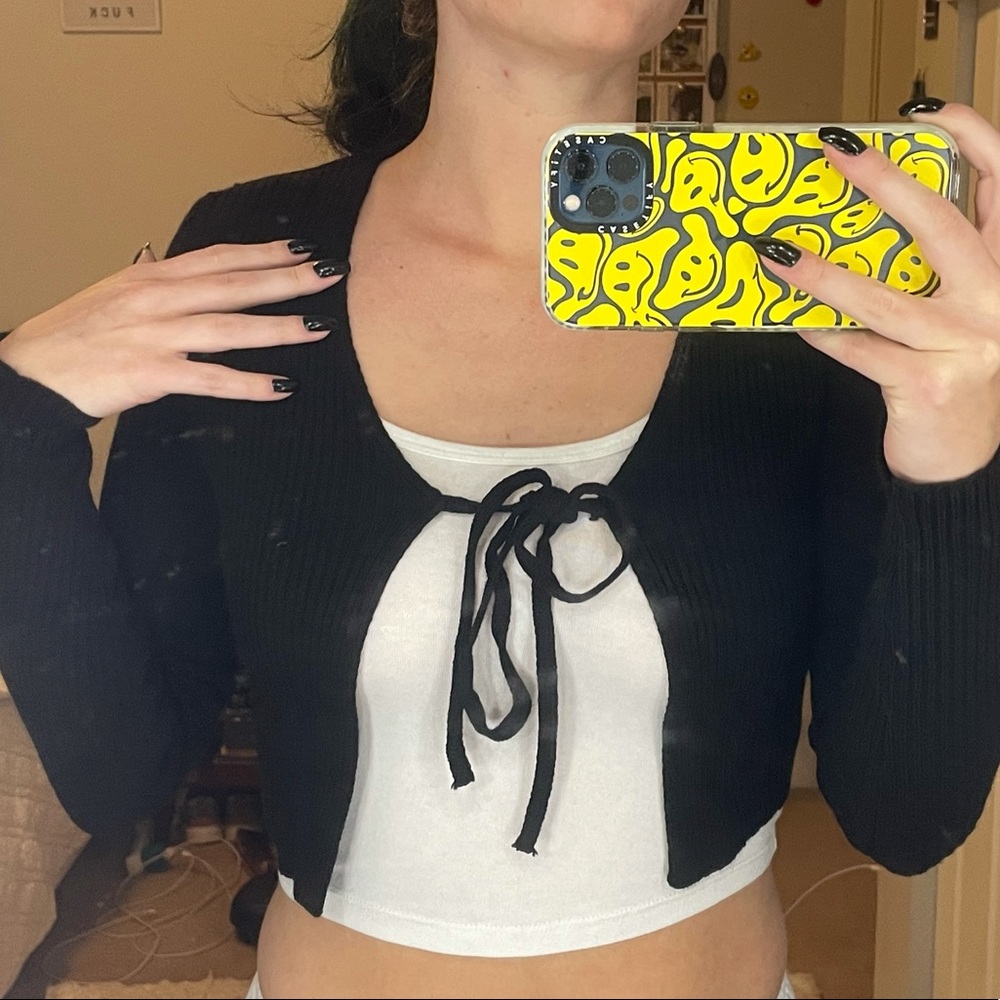 Cropped long sleeve tie sweater